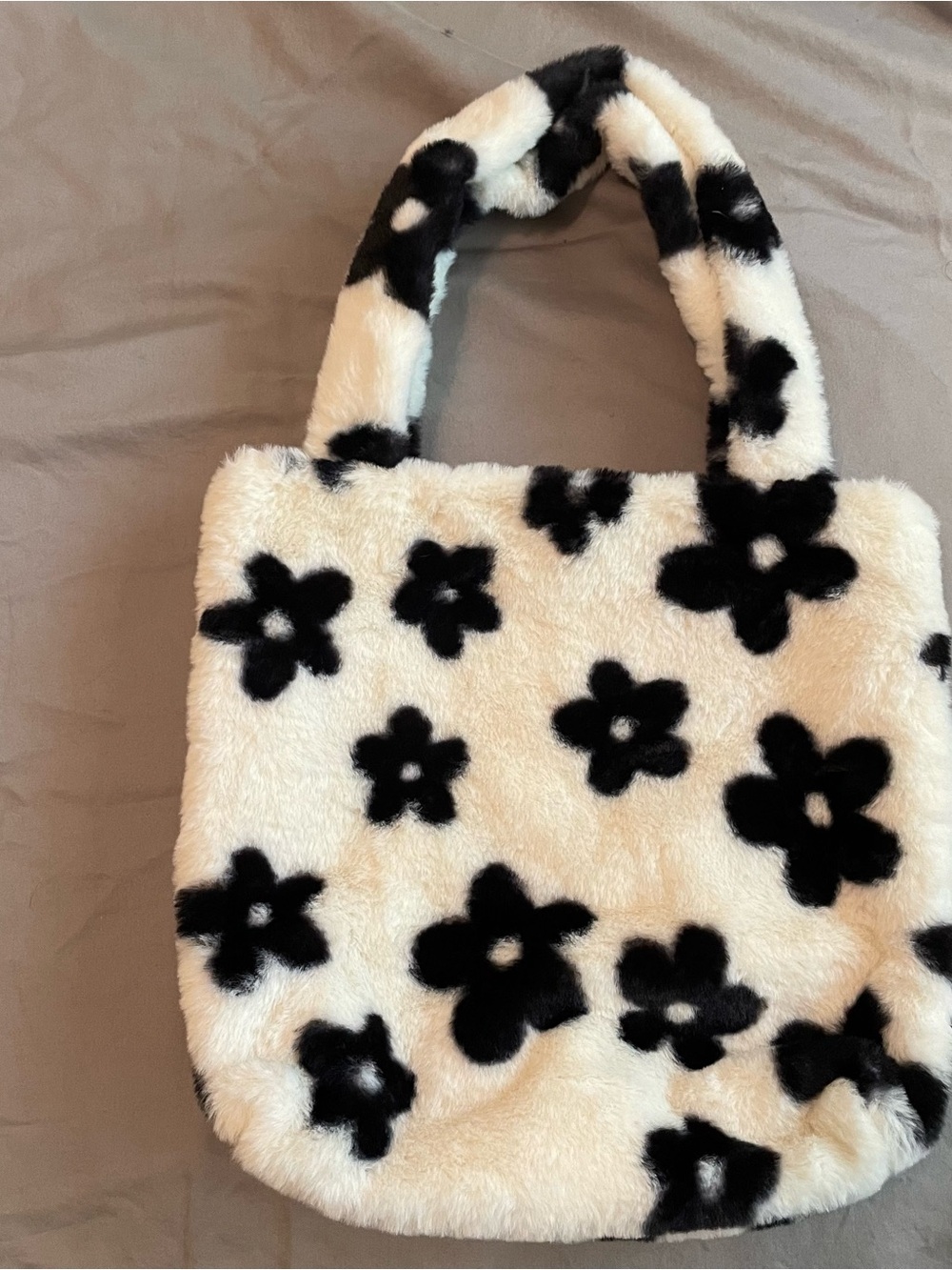 Plush Floral Faux-Fur Tote Bag in Black and White